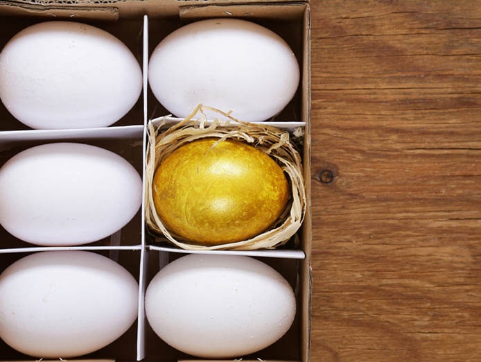 6 eggs in a carton with one gold egg in a nest