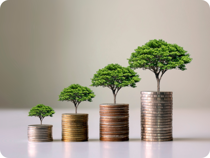 Coin stacks arranged in ascending order with a tree growing at the top